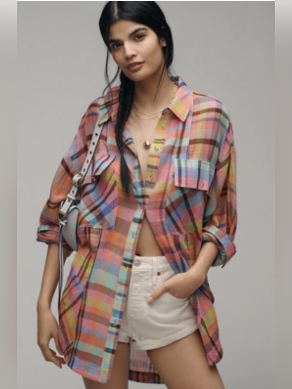 Pilcro Long-Sleeve Mixed Madras Plaid Oversized Buttondown Shirt - Picture 3 of 7
